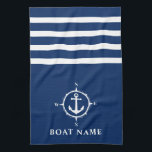 Paño De Cocina Anclaje de brújula náutica nombre barco azul<br><div class="desc">Brújula Náutica personalizado y anclaje con su nombre de barco personalizado en una toalla de cocina azul de la marina.</div>