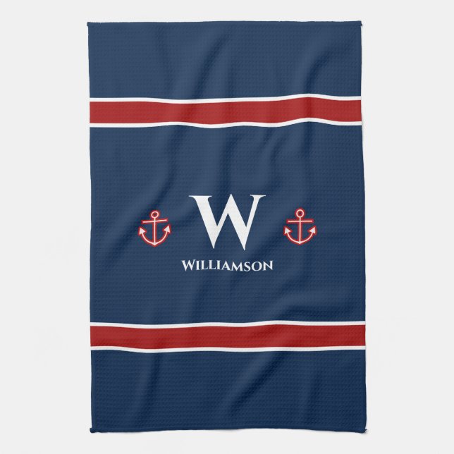 Paño De Cocina Anclaje monograma Bandas náuticas rojas y azules b (Vertical)
