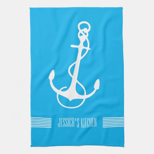 Paño De Cocina Anclaje Nautical Bote de franjas blancas y azules (Vertical)