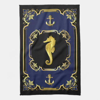 Paño De Cocina Anclaje náutico/caballito de mar dorado negro/oro/
