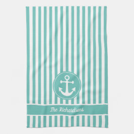 Paño De Cocina Anclaje nautico con franjas Verde azuladas y blanc