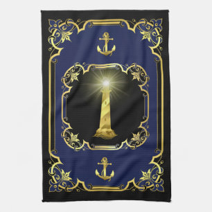 Paño De Cocina Anclaje náutico/faro dorado negro/dorado/azul