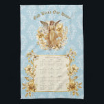 Paño De Cocina Ángel de la tutela del calendario 2025<br><div class="desc">toalla de calendario de bonito guardian angel damask 2025. "Dios bendiga nuestro hogar". Guarnecido dorado floral. Gracias por buscar.</div>