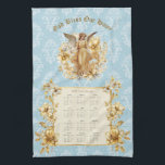Paño De Cocina Ángel de la tutela del calendario 2025<br><div class="desc">toalla de calendario de bonito guardian angel damask 2025. "Dios bendiga nuestro hogar". Guarnecido dorado floral. Gracias por buscar.</div>