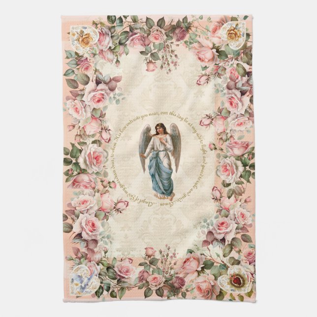 Paño De Cocina Ángel de protección floral rosa de bonito (Vertical)
