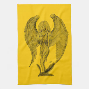 Paño De Cocina Ángel , Lápiz Art , amarillo diseño negro