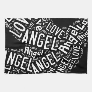 Paño De Cocina Angel Love Dove, blanco sobre negro