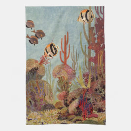 Paño De Cocina Angelfish en coral, pescado tropical vintage en el