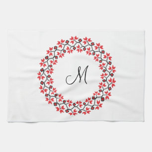 Paño De Cocina Anillo de flores rojas Monograma personalizado ini