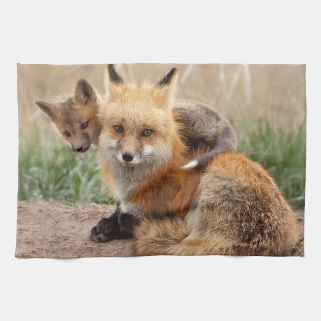 Paño De Cocina Animales de bebé más afectados | Fox y Bebé Rojos (Horizontal)