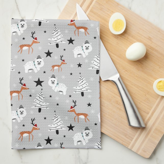 Paño De Cocina Animales de Woodland y árboles de Navidad (Doblado Cuarto)