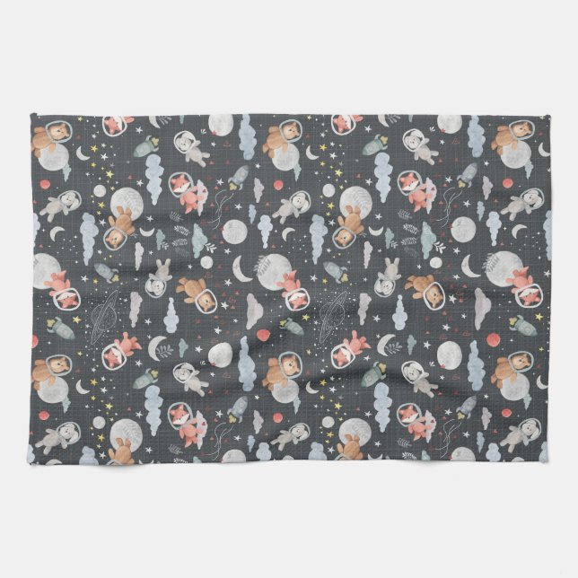 Paño De Cocina Animales espaciales - textura azul de acero oscuro (Horizontal)