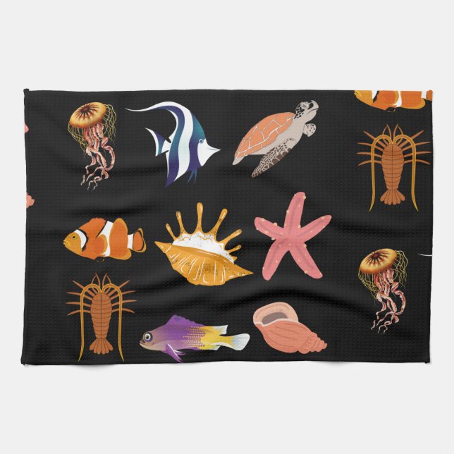 Paño De Cocina Animales marinos: peces, tortugas, conchas marinas (Horizontal)