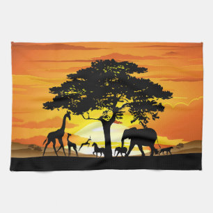 Paño De Cocina Animales salvajes al atardecer en la sabana africa