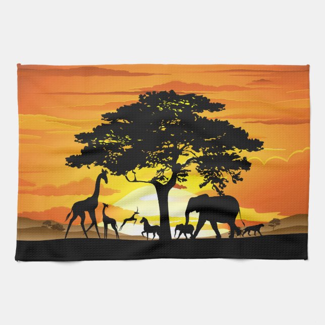 Paño De Cocina Animales salvajes al atardecer en la sabana africa (Horizontal)