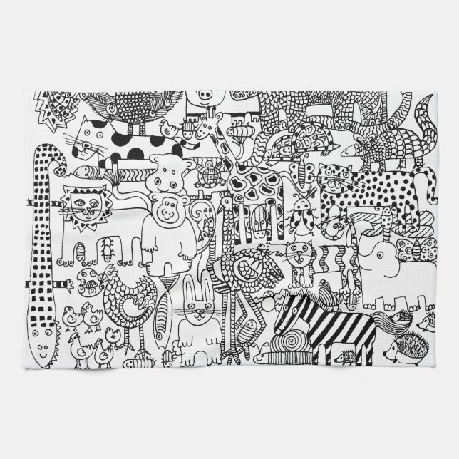 Paño De Cocina Animales salvajes divertidos con arte negro y blan (Horizontal)