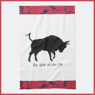 Paño De Cocina Año Astrológico Chino del Negro y Rojo Ox
