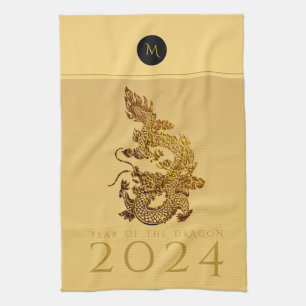 Paño De Cocina Año Dragón Chino 2024 Elegante Monograma KT