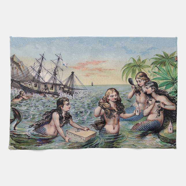 Paño De Cocina Antigüedad de Sirena Mágica Océano Náutico (Horizontal)