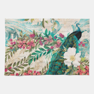 Paño De Cocina Antiguo pavón ilustrado y flores grunge