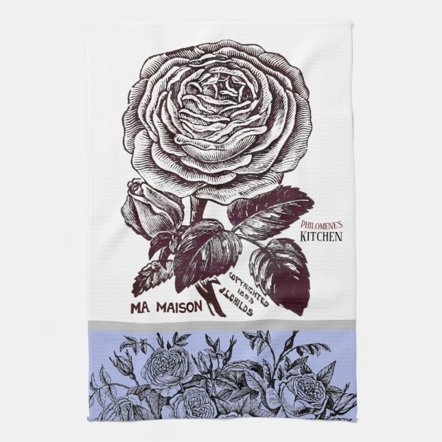 Paño De Cocina Antique Rose - Your Choice of Text Periwinkle (Vertical)