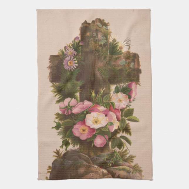 Paño De Cocina Antique Rustic Cross, Wild Roses, Easter Card, (Vertical)