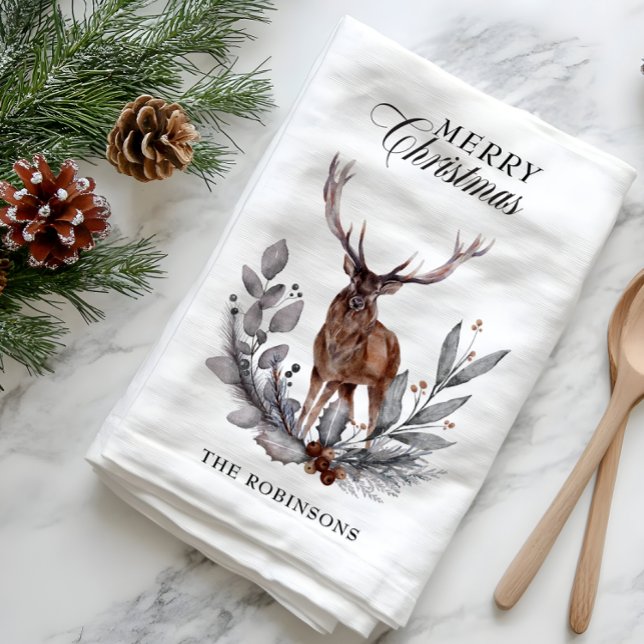 Paño De Cocina Antlly Deer Buck Wreath Feliz Navidad (Antlered Deer Buck Wreath Merry Christmas Kitchen Towel)