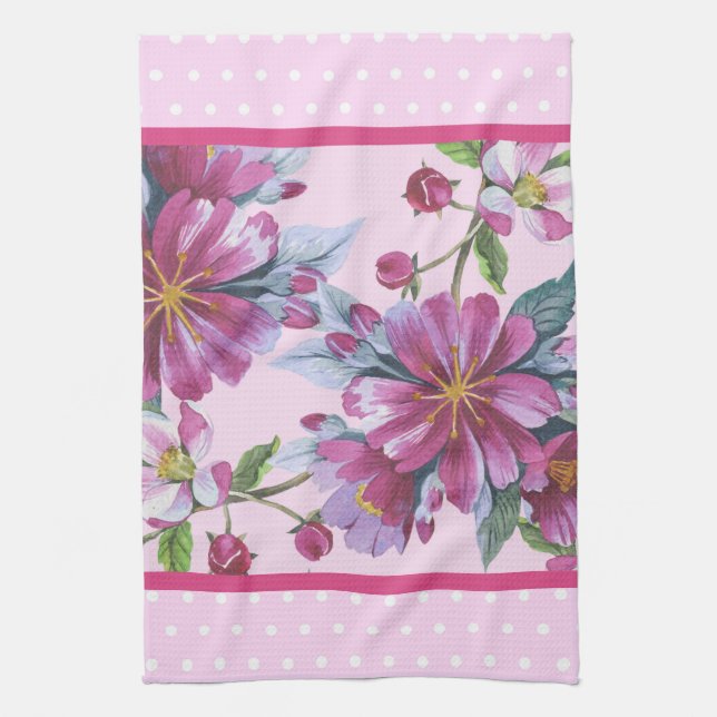 Paño De Cocina Apple Blossoms and Pink Polka Dots Kitchen Towel (Vertical)
