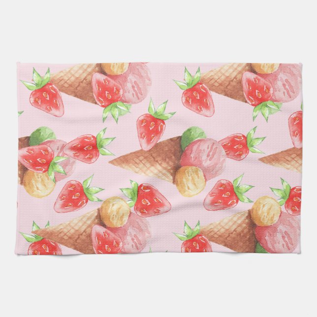 Paño De Cocina Apro de Helado de Fresa Dulce Acuarela (Horizontal)