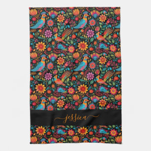 Paño De Cocina apron de escritura floral negra mexicana