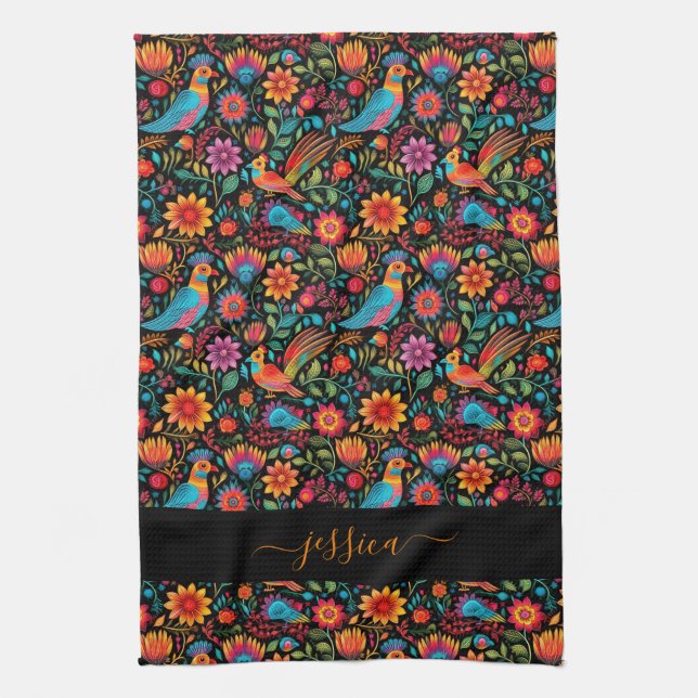 Paño De Cocina apron de escritura floral negra mexicana (Vertical)