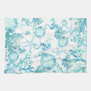 Paño De Cocina Aqua Blue Shells Seahorse Sanddólares Starfish