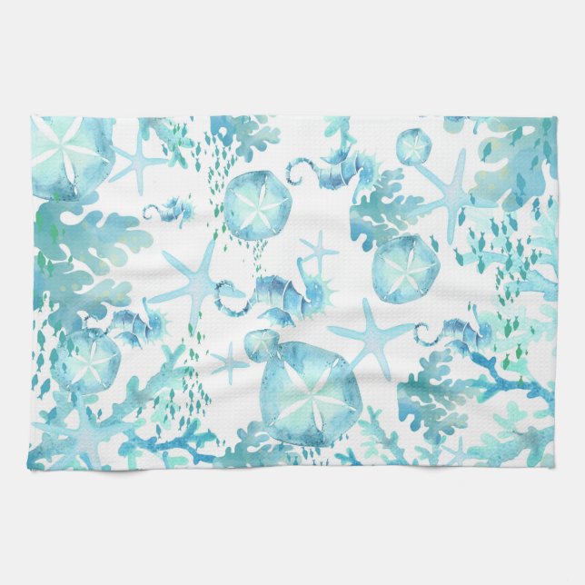 Paño De Cocina Aqua Blue Shells Seahorse Sanddólares Starfish (Horizontal)