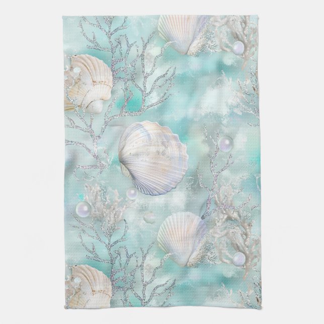 Paño De Cocina Aqua Ocean Waves & Seashell Pattern (9) (Vertical)