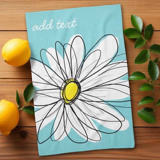 Paño De Cocina Aqua y Yellow Whimsical Daisy Personalizado Textos (Whimsical Daisy Kitchen Towel with a place to personalize - makes a great gift)