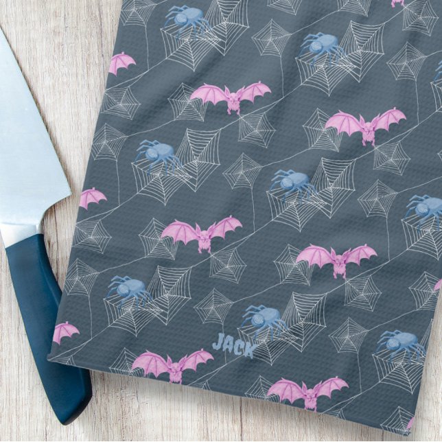 Paño De Cocina Araña y murciélago cortados en telaraña, personali (Cute spider and bat on spider web, customisable kitchen towel)