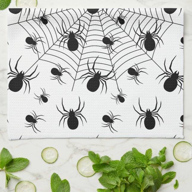 Paño De Cocina Arañas Blanco Negras telaraña patrón de Halloween (Doblado)