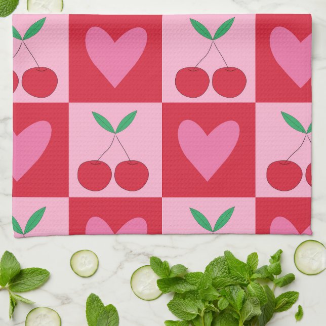 Paño De Cocina Arándanos a cuadros y patrón de corazones rosados (Doblado)