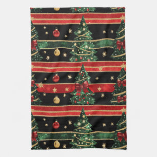 Paño De Cocina Árbol de Navidad Brillante - Rayas Rojas Negras Ve