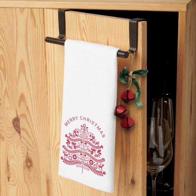 Paño De Cocina Árbol de Navidad de Arte Popular Escandinavo Rojo (Subido por el creador)