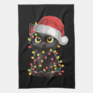 Paño De Cocina Árbol de navidad de gato negro ilumina a Santa Kit