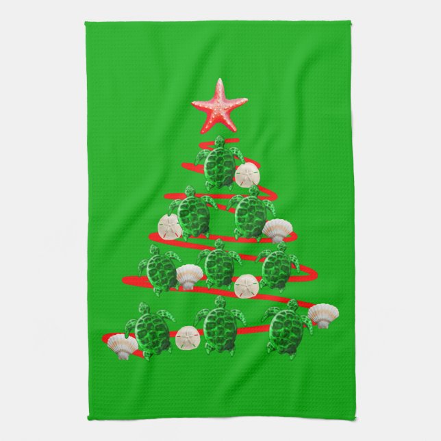 Paño De Cocina Árbol de Navidad de tortugas del Mar Verde (Vertical)