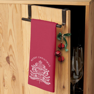 Paño De Cocina Árbol de Navidad escandinavo blanco sobre rojo