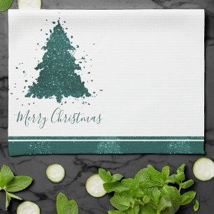 Paño De Cocina Árbol de Navidad Moody   Guión Verde azulado oscur