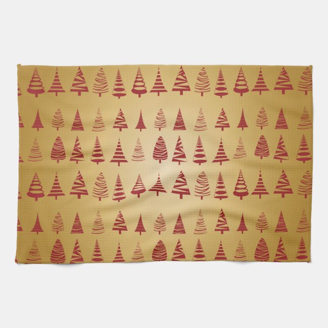Paño De Cocina Árbol de Navidad rojo moderno en oro (Horizontal)