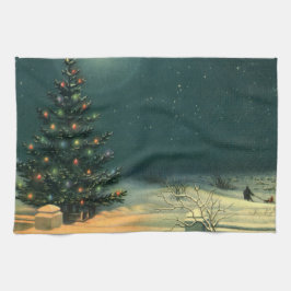 Paño De Cocina Árbol de Navidad vintage por la noche con luces y 