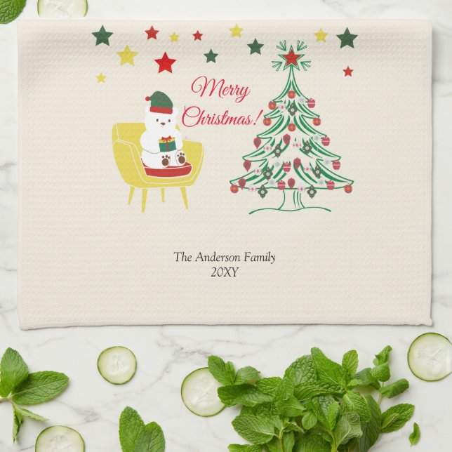 Paño De Cocina Árbol de oso rojo y verde Feliz Navidad moderna (Doblado)