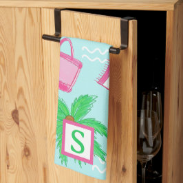 Paño De Cocina Árbol de palmas de playa de Preppy Monograma Azul