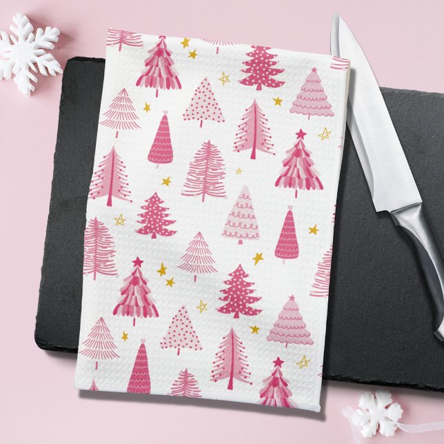 Paño De Cocina Árbol de vacaciones de Navidades rosados (Christmas Tree Forest Kitchen Tea Towel in pink and white)