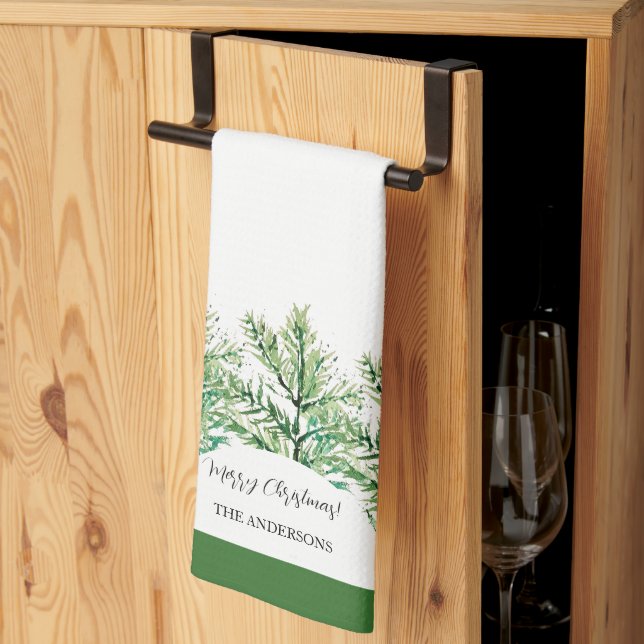 Paño De Cocina Árbol verde de acuarela artística personalizado (Pliegue de tercios)
